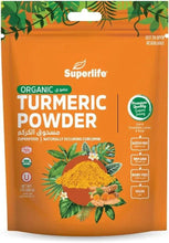 Organic turmeric powder bag with Superlife logo and turmeric root illustration