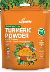 Orange resealable pouch of organic turmeric showing turmeric mound and roots Superlife Turmeric Powder 200gm.