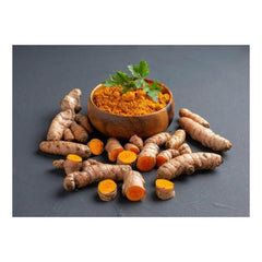 Superlife Turmeric Powder 200gm. wooden bowl of bright orange turmeric powder with fresh turmeric roots and parsley garnish