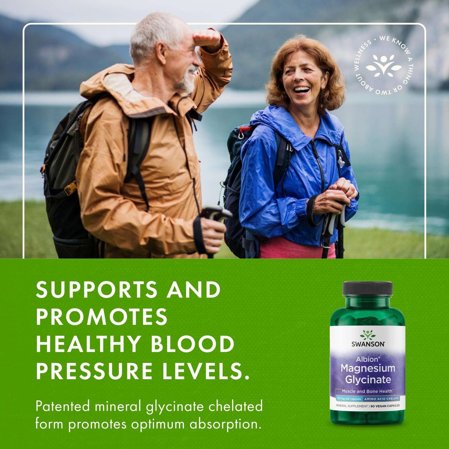 Swanson Albion chelated magnesium supplement UAE supporting healthy blood pressure levels with happy hikers