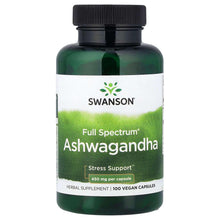 Ashwagandha supplement bottle with black cap; Full Spectrum, 450 mg per capsule