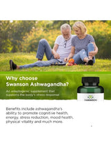 Ashwagandha supplement bottle with green label beside older couple on a lawn