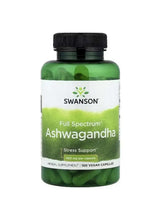 Swanson Full Spectrum Ashwagandha supplement bottle, black cap, green capsules