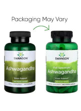 Ashwagandha supplement bottles with black caps, green bottles, side-by-side views