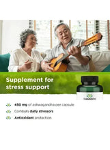 Green ashwagandha capsules bottle with stress support text banner