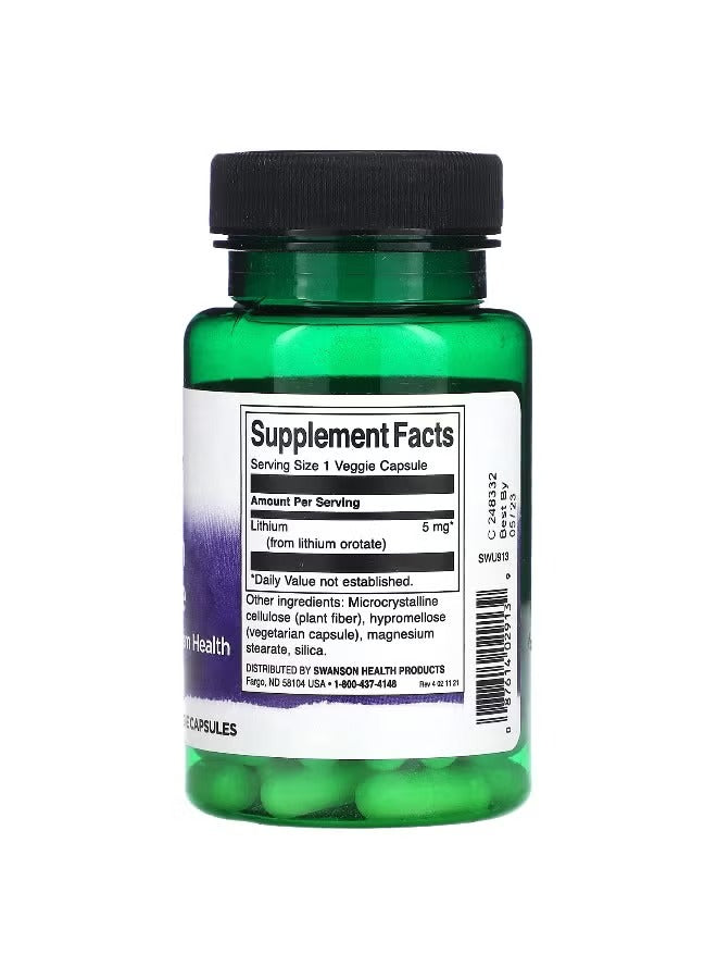 Swanson Lithium Orotate 5 mg capsules in a green bottle for mood support and wellness
