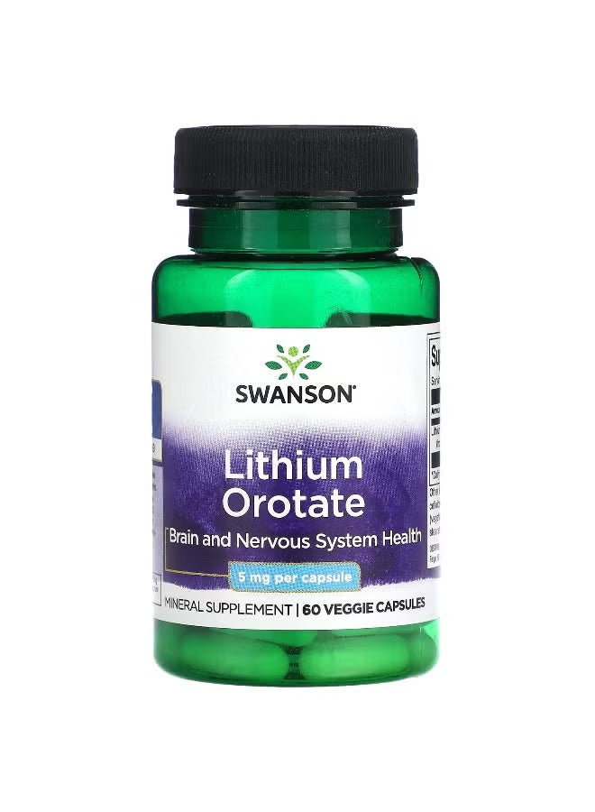 Swanson Lithium Orotate 5 mg capsules for brain and nervous system health, 60 veggie capsules