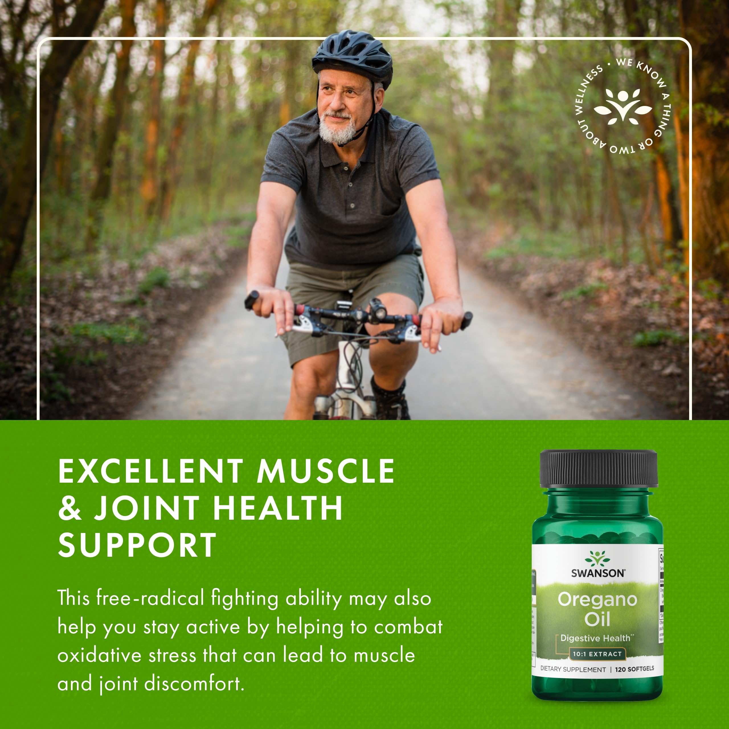 Swanson oregano oil softgels UAE supplement bottle with active older man cycling for joint health