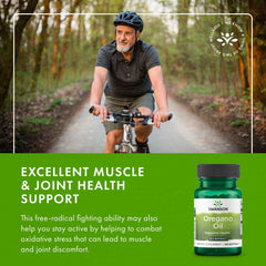 Swanson oregano oil softgels UAE supplement bottle with active older man cycling for joint health