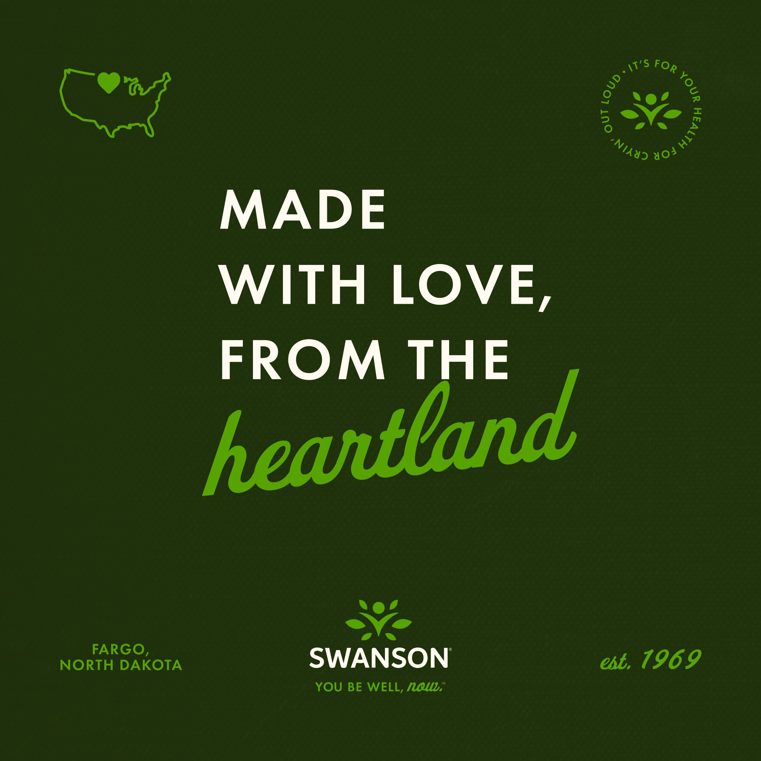 Swanson oregano oil softgels UAE promotional green banner reading Made with love from the heartland with Swanson logo