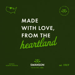 Swanson oregano oil softgels UAE promotional green banner reading Made with love from the heartland with Swanson logo