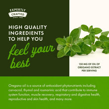Oregano oil extract softgels with oregano leaves and 150 mg per serving