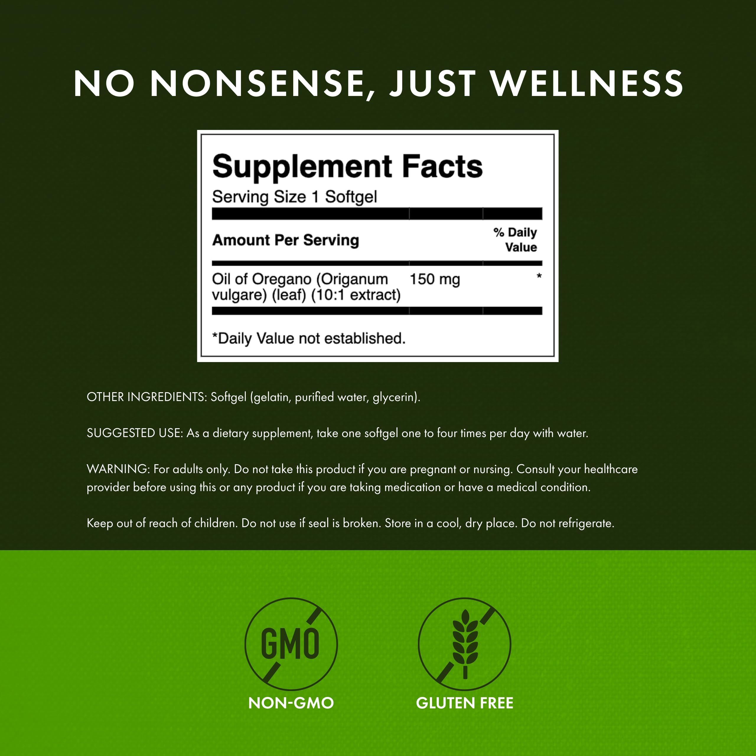 Swanson oregano oil softgels UAE supplement label showing 150 mg oil of oregano supplement facts non GMO gluten free