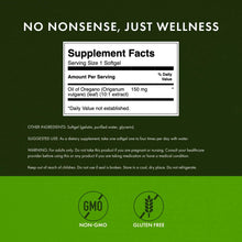 Oregano oil supplement facts label showing 150 mg oil per softgel