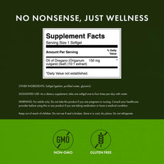 Swanson oregano oil softgels UAE supplement label showing 150 mg oil of oregano supplement facts non GMO gluten free