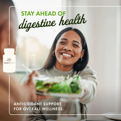 Smiling woman offering salad with Swanson product branding promoting digestive health Swanson oregano oil softgels UAE