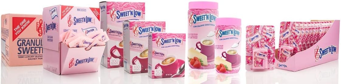 Sweet N Low pink packets boxes and canisters with coffee and strawberries Sucralose zero calorie sweetener