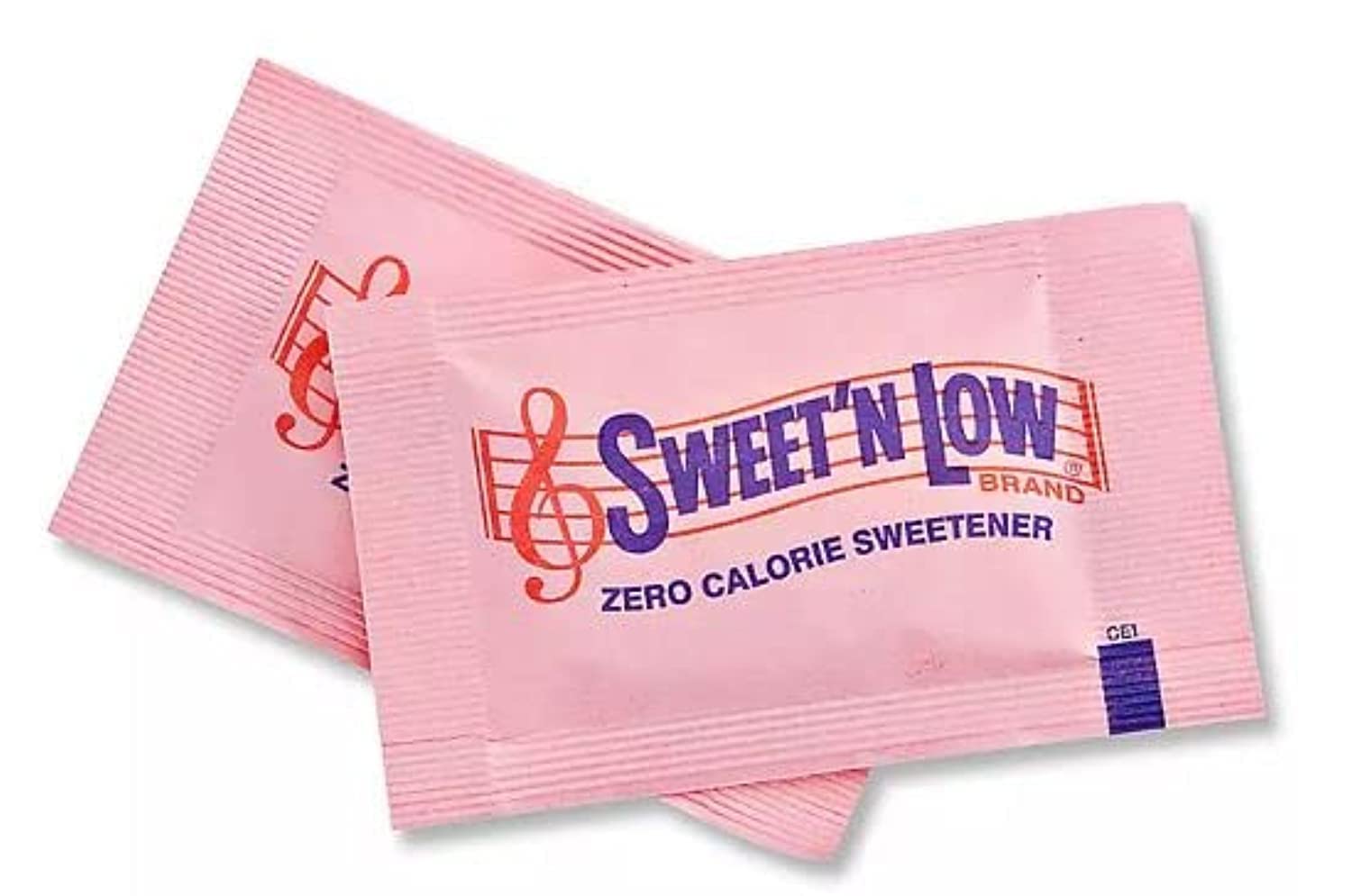 Sweet N Low pink sugar substitute packets containing Sucralose zero calorie sweetener on white background
