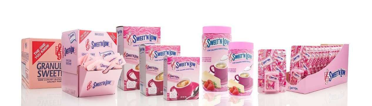 Sweet N Low assorted pink packets boxes and canisters display of Sucralose zero calorie sweetener for beverages and baking