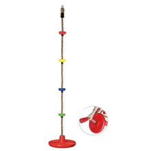 Kids climbing rope swing with red disc base and colored rungs, disc detail