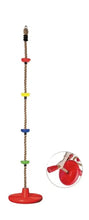 Kids climbing rope swing with red disc base, colored rungs, disc swing close-up