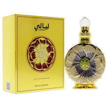 Yellow Layali Eau de Parfum box with perfume bottle, gold cap and flower design