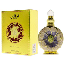 Perfume bottle with gold cap beside yellow Eau de Parfum gift box