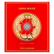 Red perfume oil box front with circular floral medallion design