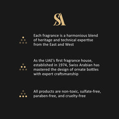 Swiss Arabian Store information highlighting heritage, craftsmanship, and non-toxic features of Swiss Arabian Rasheeqa perfume oil