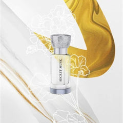 Swiss Arabian Secret Musk perfume oil bottle with silver cap on artistic gold and white background