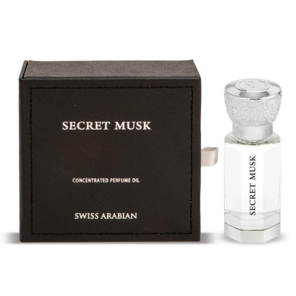 Swiss Arabian Secret Musk perfume oil bottle with elegant silver cap and black packaging box