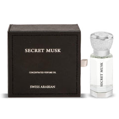 Swiss Arabian Secret Musk perfume oil bottle with elegant silver cap and black packaging box