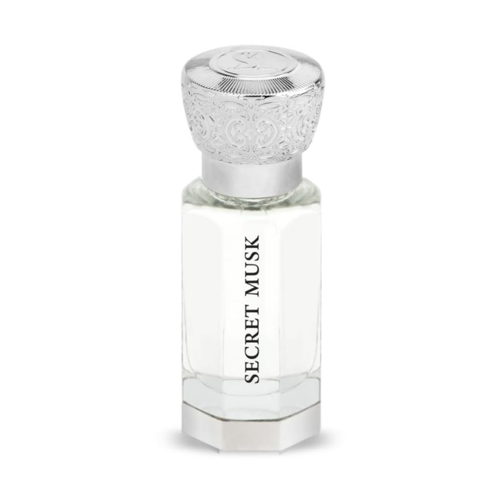 Swiss Arabian Secret Musk perfume oil bottle with ornate silver cap and clear glass container