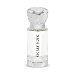 Swiss Arabian Secret Musk perfume oil bottle with ornate silver cap and clear glass container