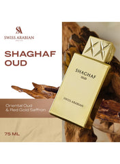 Shaghaf Oud Swiss Arabian Eau De Parfum bottle with a luxurious gold design, 75 ML size, featuring oriental oud and red gold saffron.