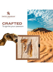 Shaghaf Oud Swiss Arabian Eau De Parfum showcasing aromatic oud notes in a desert-themed design