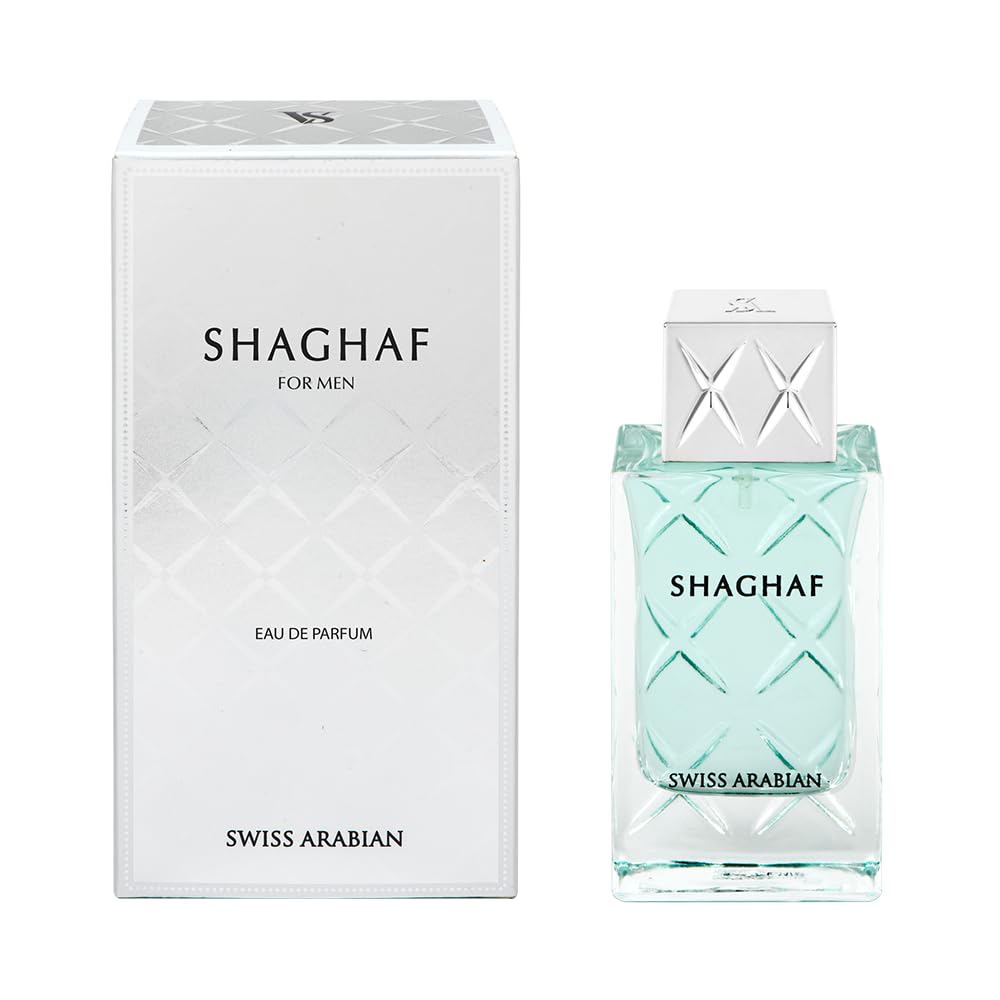 Swiss Arabian Shaghaf perfume for men with clear blue liquid and white packaging for men
