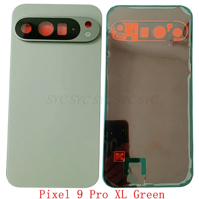 Mumzar Google Pixel 9 Pro XL back cover replacement in green showing front and adhesive backed inner side