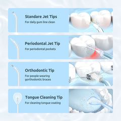 SYNHOPE portable water flosser for teeth showing four tip types standard periodontal orthodontic tongue