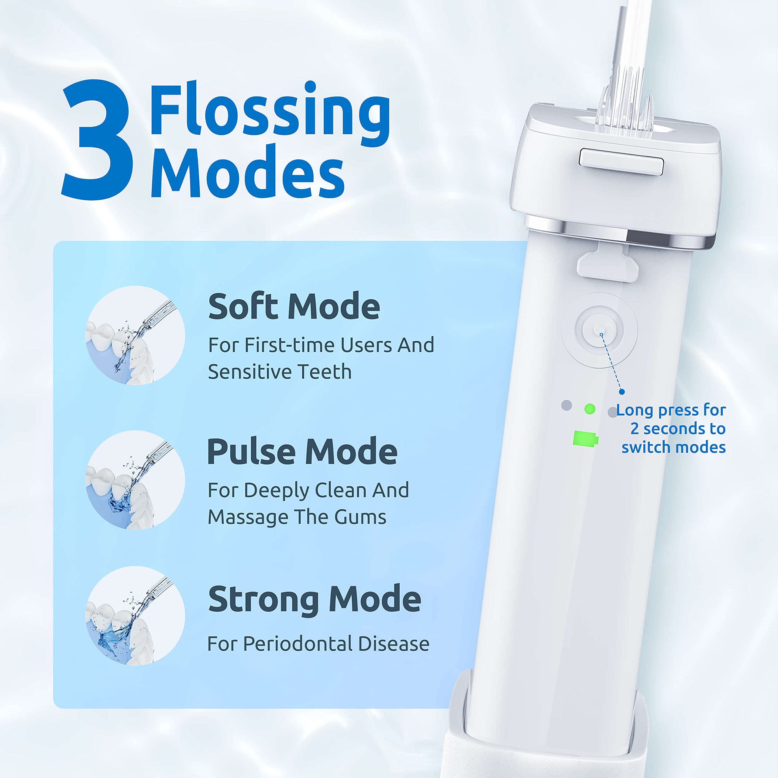 SYNHOPE portable water flosser for teeth white handheld device showing three flossing modes and mode button