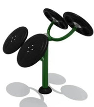 Tai chi pushing hand trainer with four black circular pads and green center pole