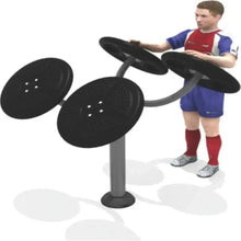 Tai chi pushing hand trainer with three black circular pads on a gray base pole