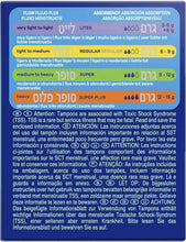 Tampon box panel showing flow and absorbency guide for regular and super plus