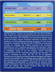 Tampax Compak Super Plus tampons box back with absorbency chart and flow guide for heavy menstrual flow
