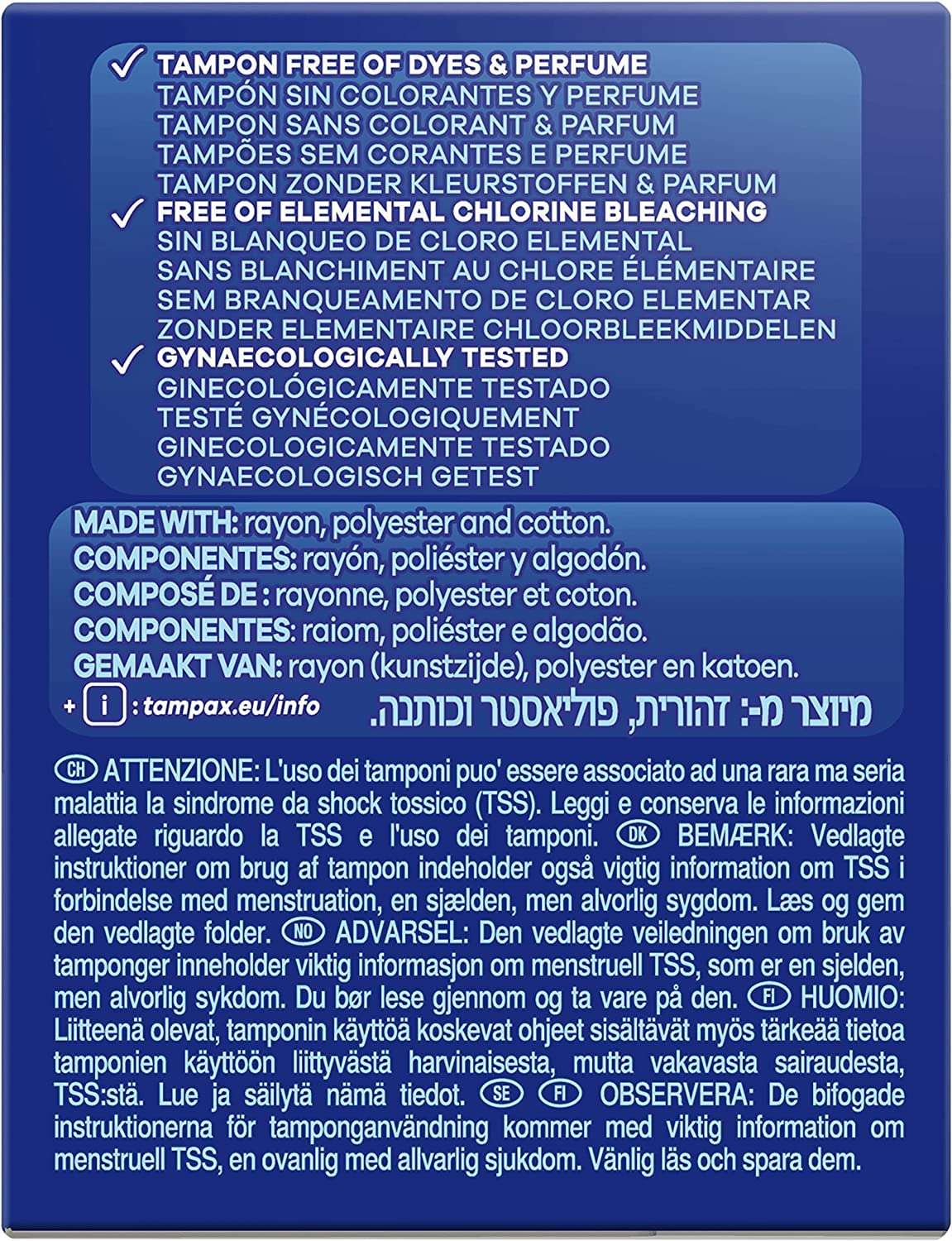 Tampax Compak Super Plus tampons box back showing dye free formula ingredients and warnings