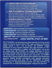 Tampon box back panel with Tampax Compak ingredient details and usage warnings