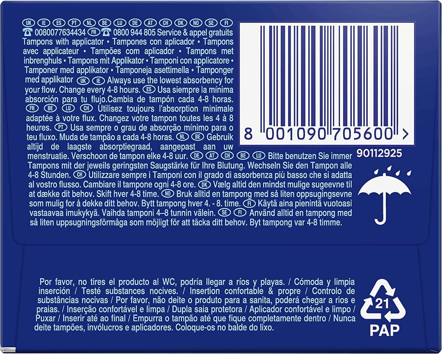 Tampax Compak Super Plus tampons blue retail box back view with barcode and multilingual instructions