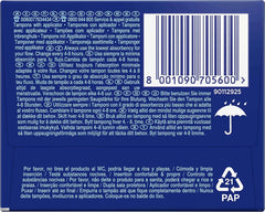 Tampax Compak Super Plus tampons blue retail box back view with barcode and multilingual instructions