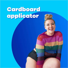 Tampax Compak Super Plus tampons ad with smiling woman in rainbow sweater and cardboard applicator text