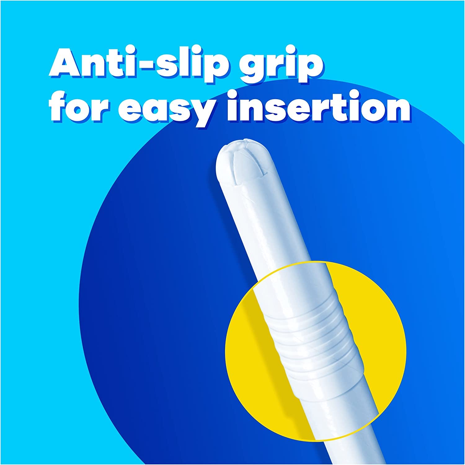 Tampax Compak Super Plus tampons white applicator close up showing anti slip grip rings for easy insertion
